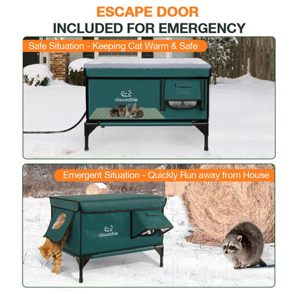 Clawsable Indestructible Heated Cat House for Outdoor Winter, 100% Waterproof, Safe Escape Door, Fully Insulated Outdoor Cat Shelter with Heater for Feral Barn Cats and Kittens