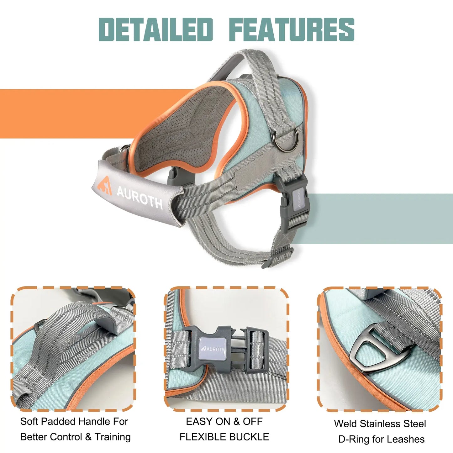 Auroth No Pull Dog Harness - Adjustable Soft Padded Safety Vest with Reflective Straps for Small, Medium, and Large Dogs - Ideal for Walking and Training